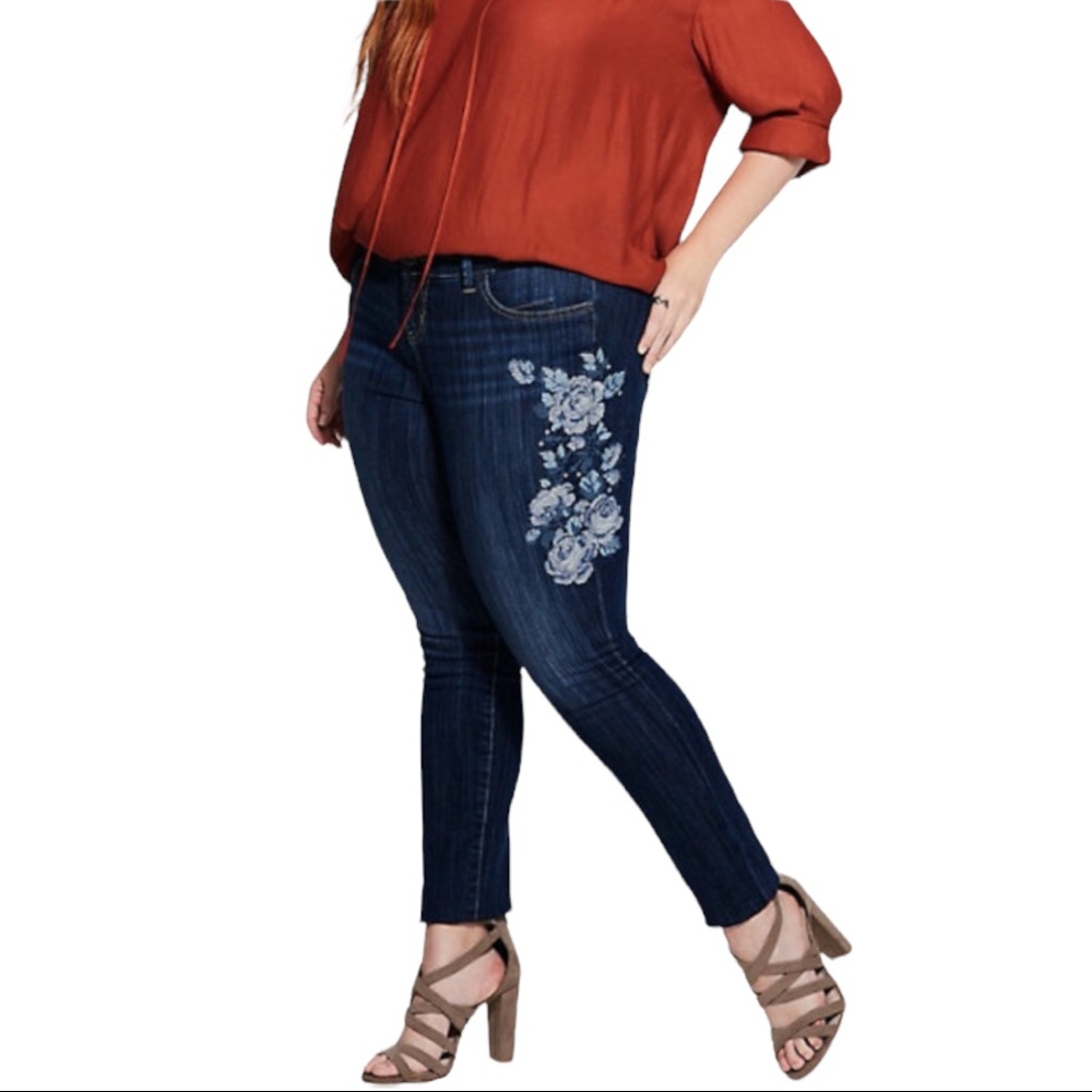 torrid Dark Blue Skinny Jeans with Light Blue Floral Embroidery